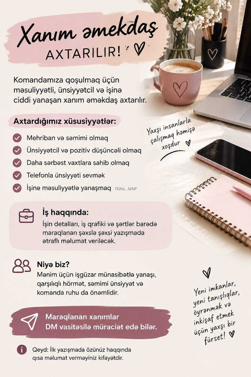Vakansiya: Xanım əməkdaş Komandamıza məsuliyyətli, ünsiyyətcil və