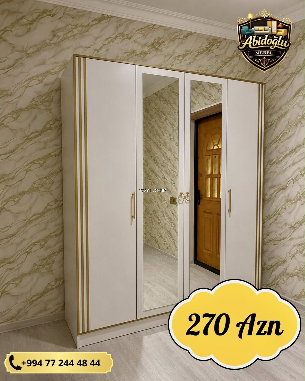 Yeni, 3 qapılı, Güzgülü, Ağ, Açılan, Düz dolab