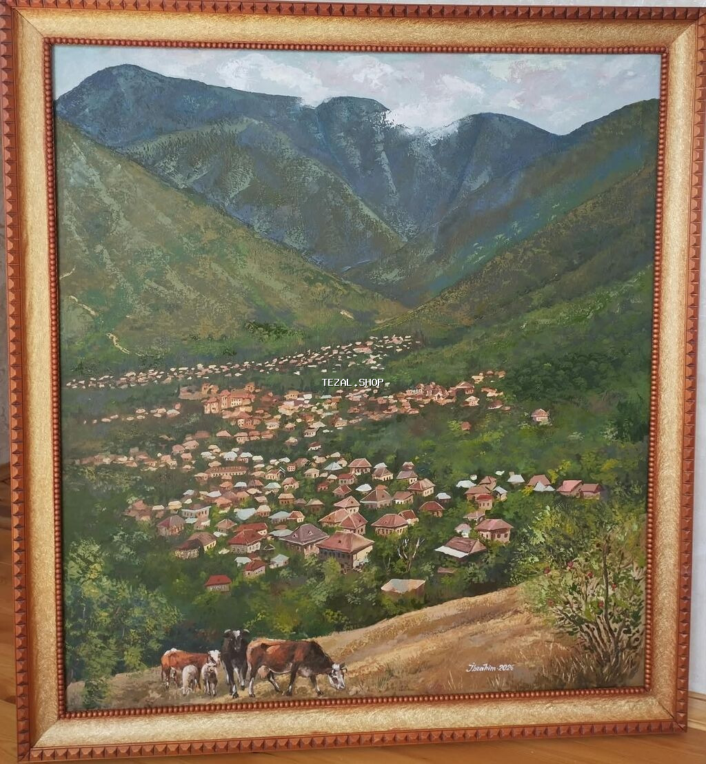 Məhsul: Yağlı boya tablo – dağ mənzərəsi və kənd panoraması Təsvir: -