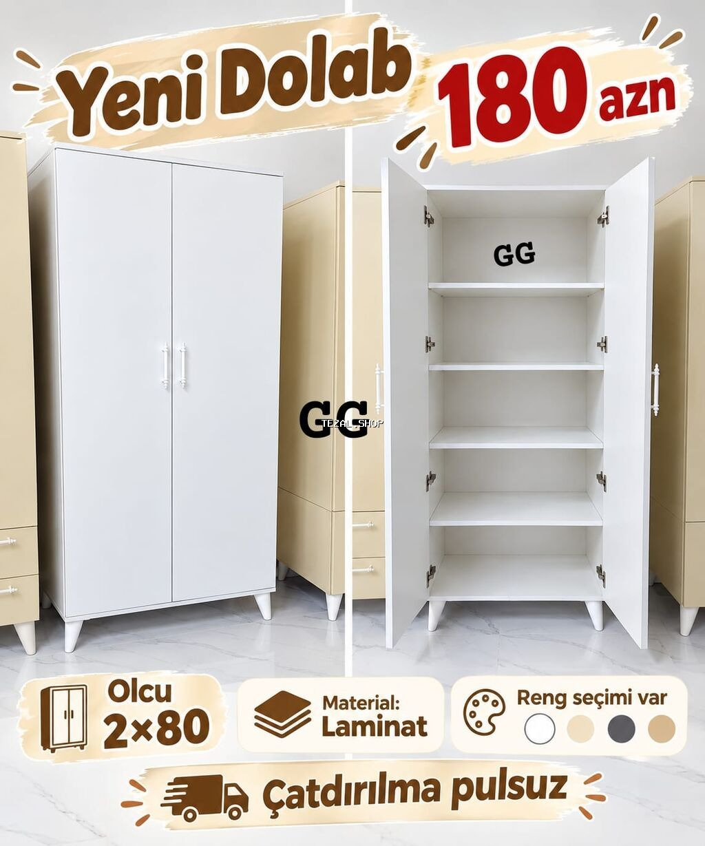 Yeni 2 qapılı dolab - Qiymət: 180 AZN - Ölçü: 2×80 - Material