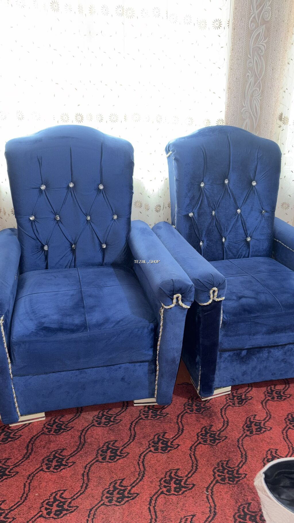 Mavi məxmər divan - Rəng: dərin royal-mavi - Material: yumşaq - şəkil 4