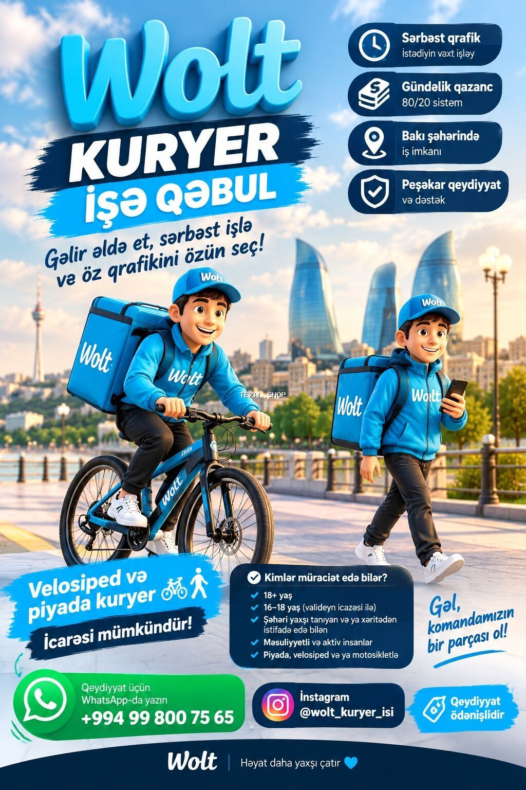 Sürücü-kuryer tələb olunur, Şəxsi nəqliyyat vasitəsi ilə, Həftəlik ödəniş, Təcrübəsiz