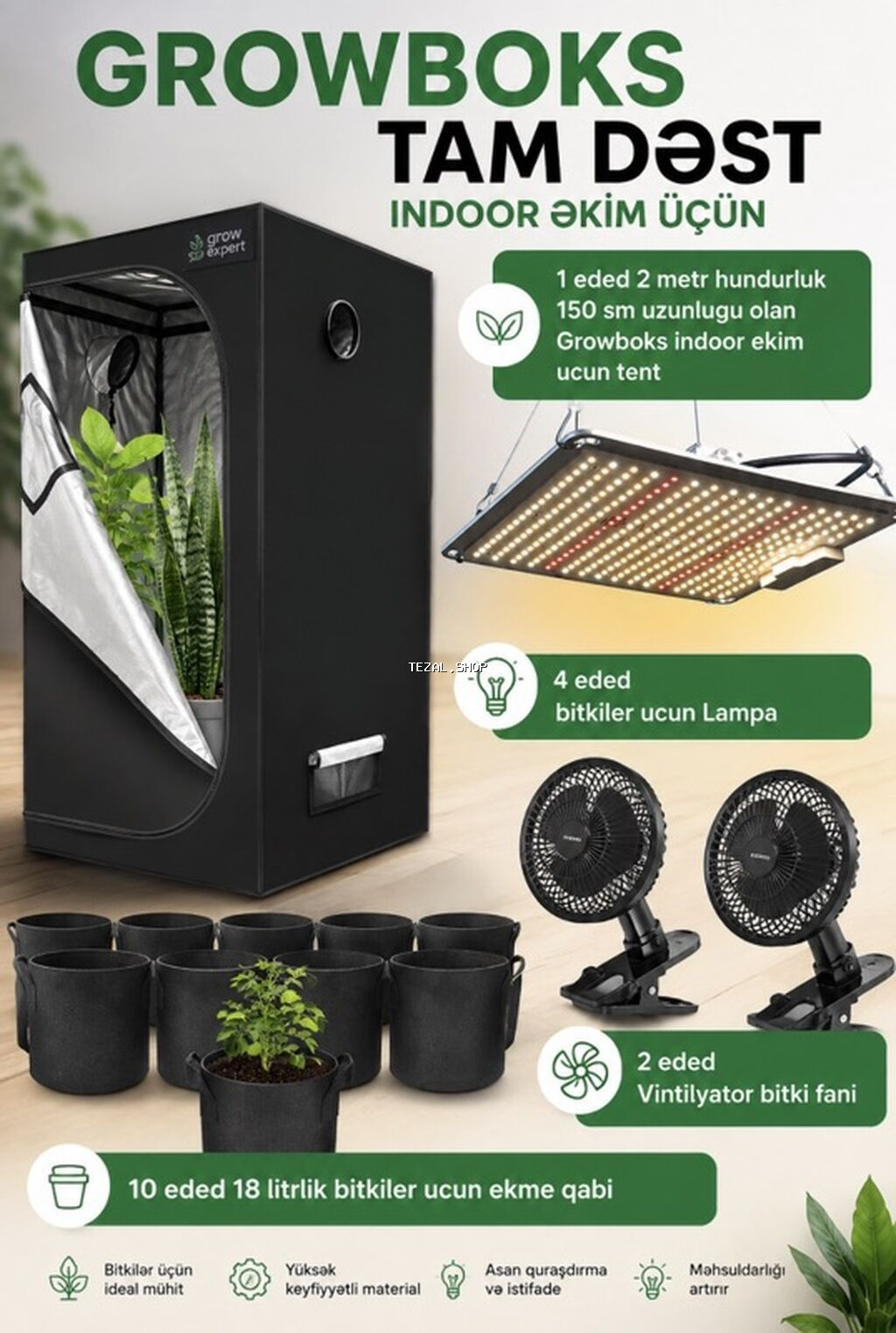 GROWBOKS Tam Dəst – indoor əkim üçün komplekt Bina evinde yasayib ama