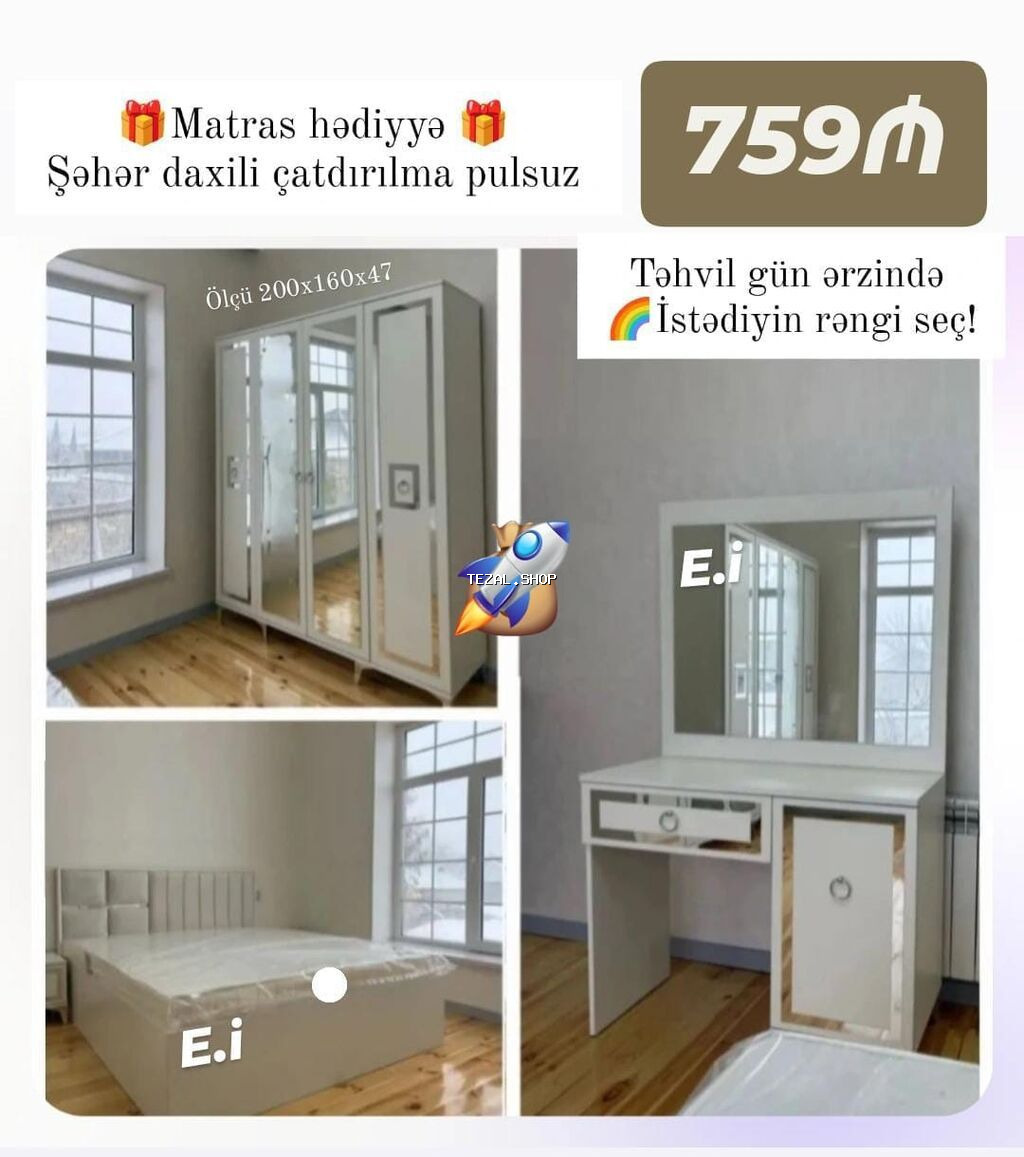 İkinəfərlik çarpayı, Dolab, Termo, 2 tumba, Yeni