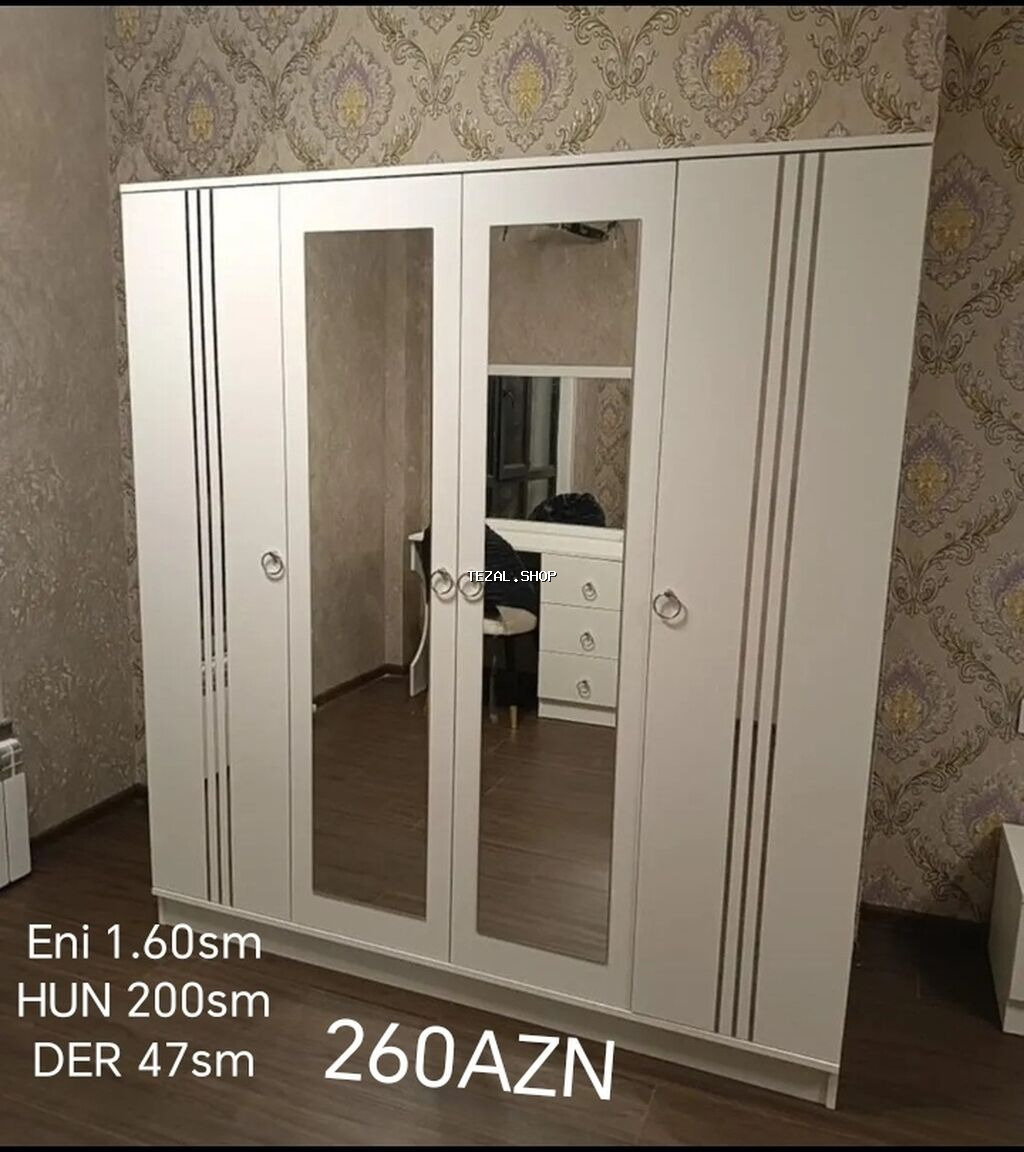 Yeni, 4 qapılı, Güzgülü, Bej, Açılan, Düz dolab