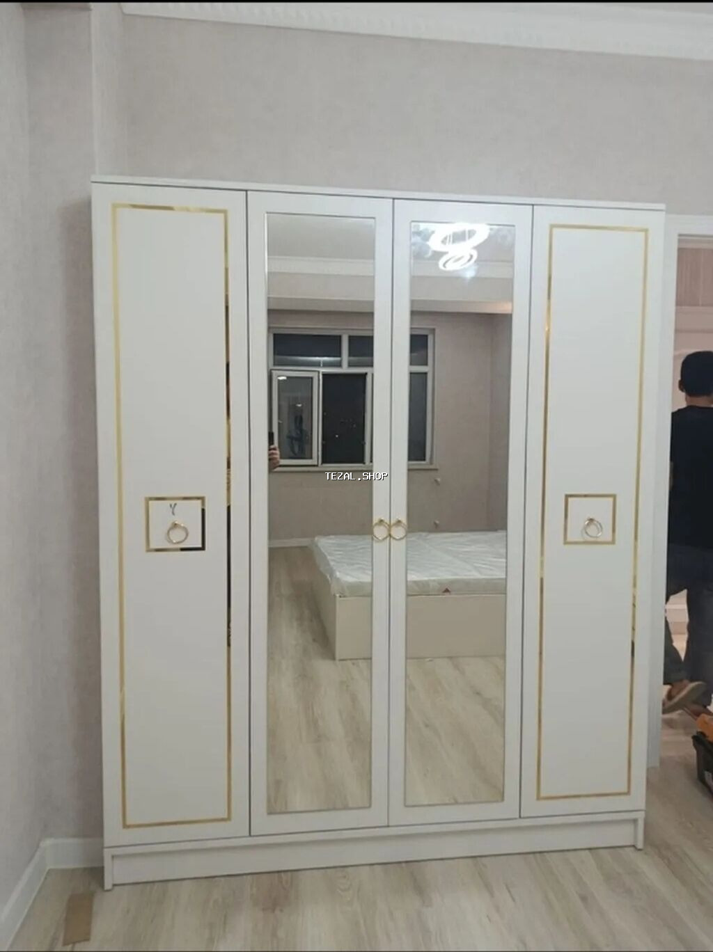 Yeni, 4 qapılı, Güzgülü, Bej, Açılan, Düz dolab - şəkil 4