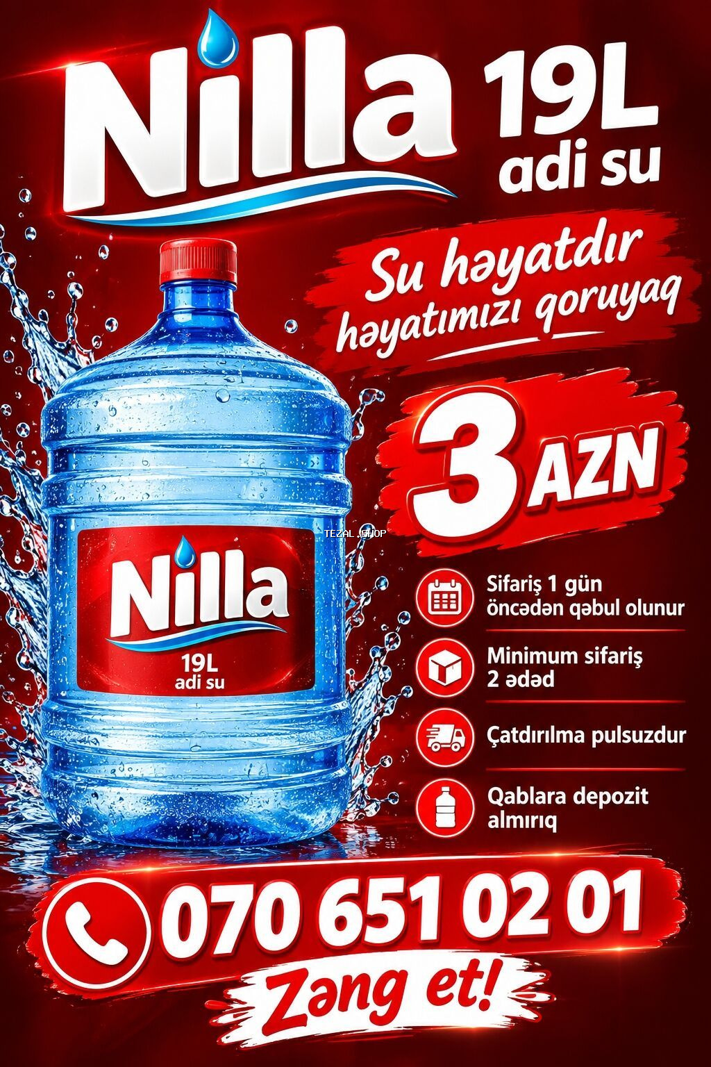 Nilla 19L adi su - Həcm: 19 litr - Qiymət: 3 AZN (göy butulka şəkilli