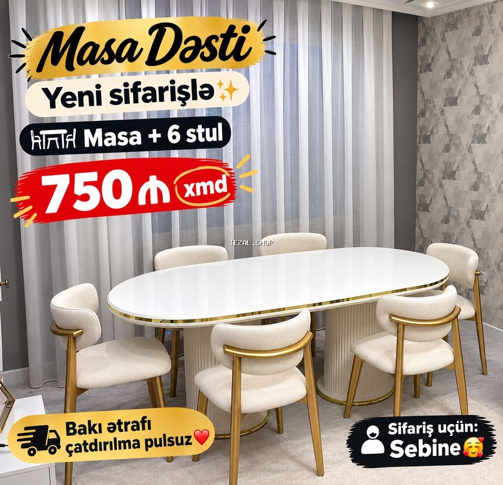 Məhsul: Masa Dəsti – Yeni sifarişlə Tərkib: 1 masa + 6 stul