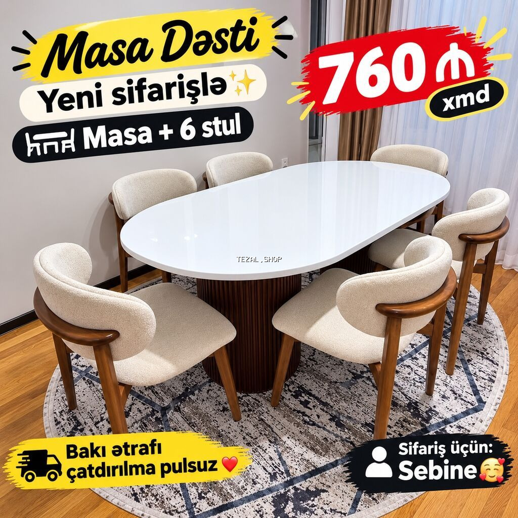 Məhsul: Masa Dəsti – Yeni sifarişlə Tərkib: 1 masa + 6 stul - şəkil 2