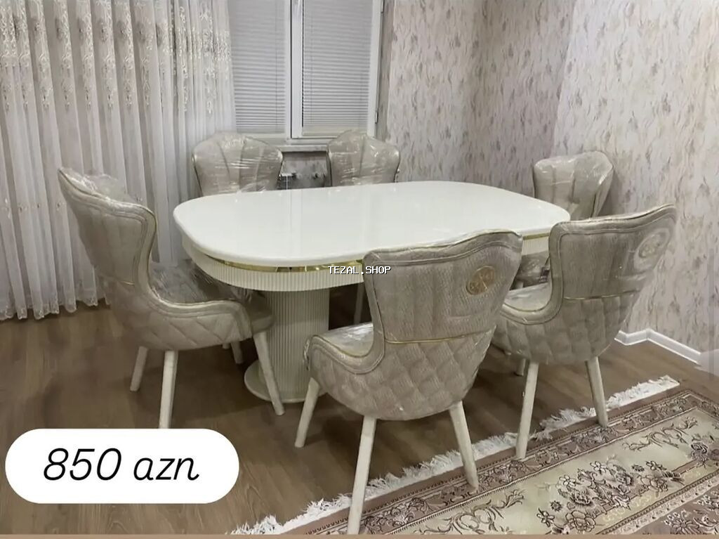 Yemək otağı dəsti – 6 stul + oval masa - Masa: ağ, parlaq səthli oval