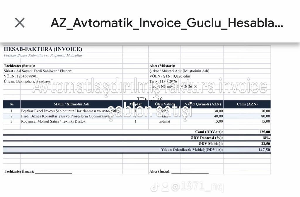 Avtomatlaşdırılmış “Hesab-Faktura (Invoice)” Excel şablonu Məhsulun