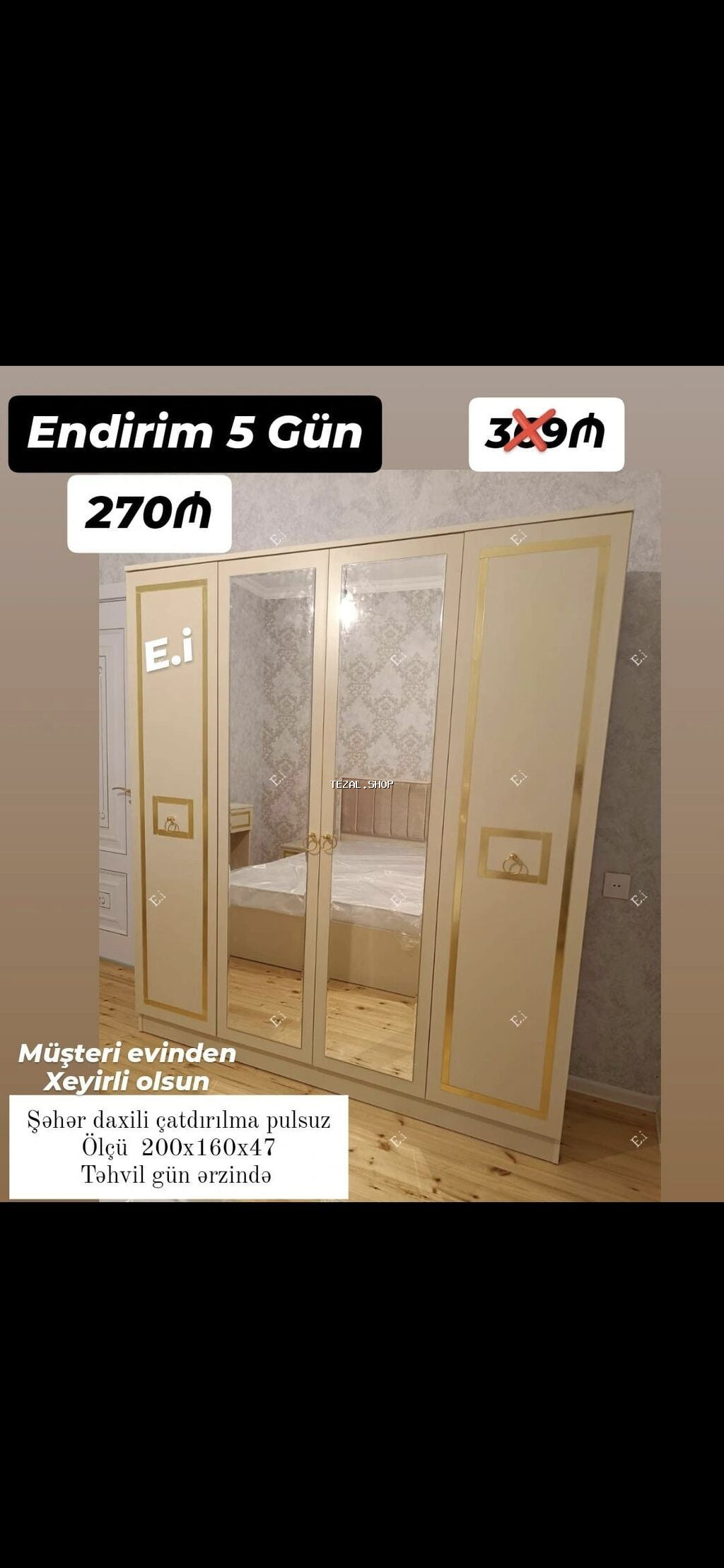 *4 qapılı dolab Endirim 270AZN💥* ▫️Rəng seçimi var ▫️Şəhər daxili - şəkil 3