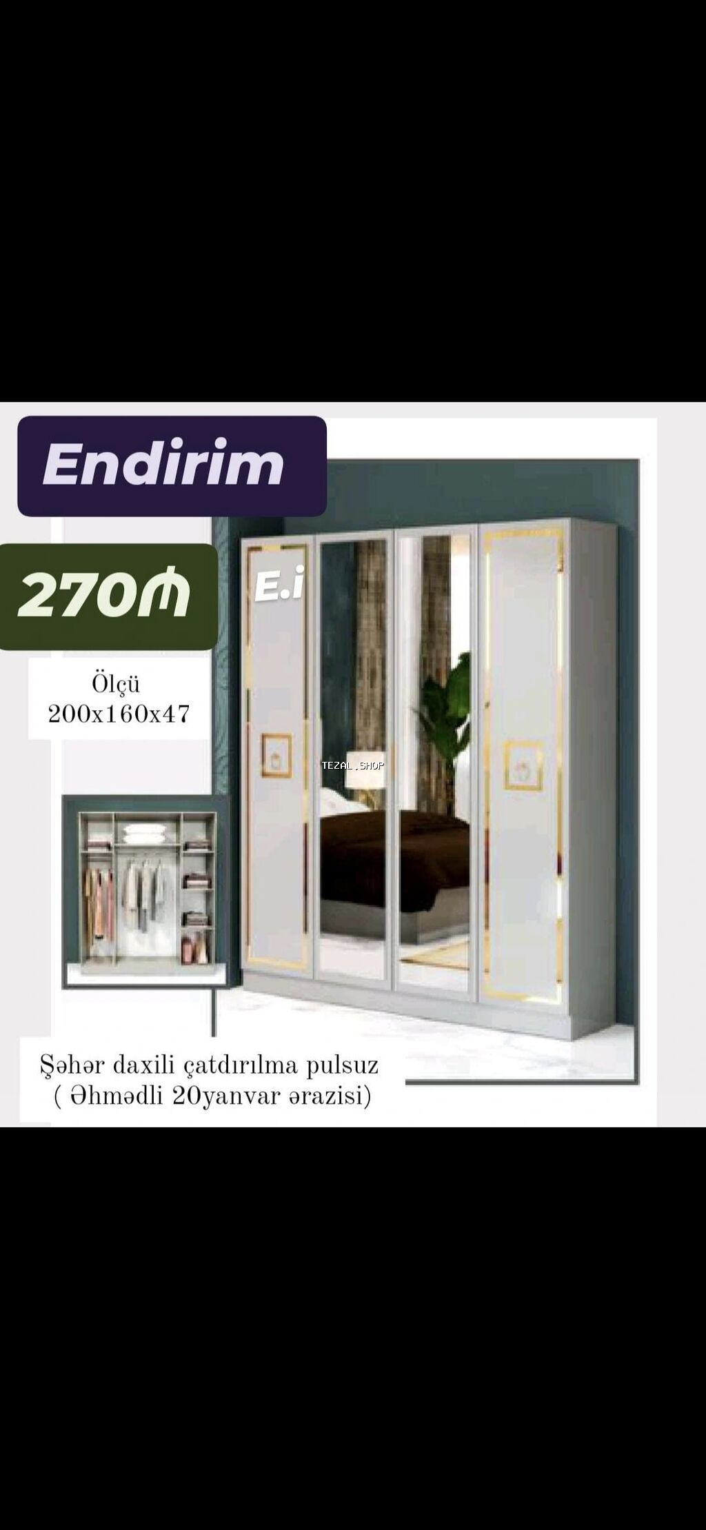 *4 qapılı dolab Endirim 270AZN💥* ▫️Rəng seçimi var ▫️Şəhər daxili - şəkil 5