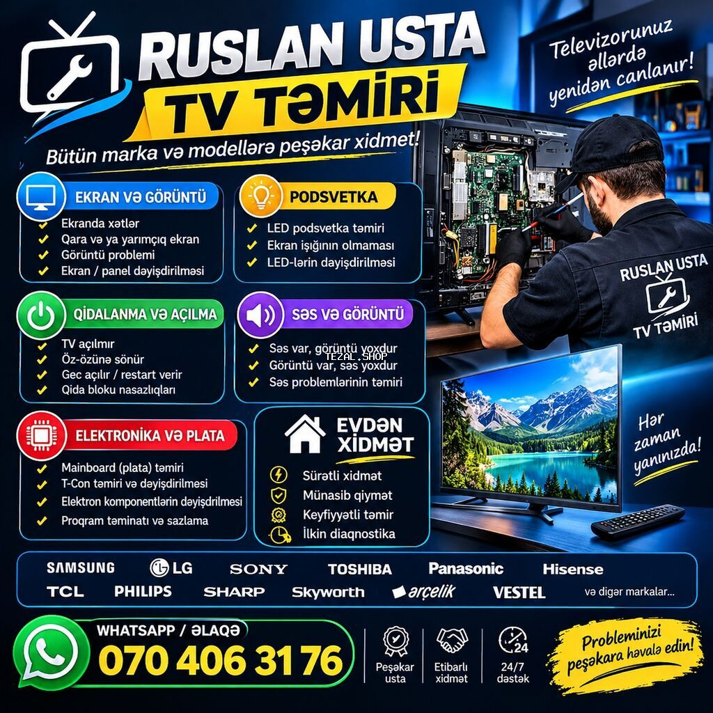 📺 RUSLAN USTA — TV TƏMİRİ 🔧 Bütün marka və modellərə peşəkar xidmət