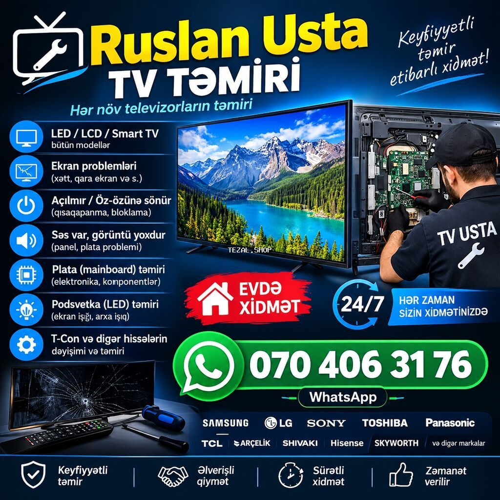 📺 RUSLAN USTA – TV TƏMİRİ 🔧 Hər növ televizorların təmiri ✅ LED / LCD