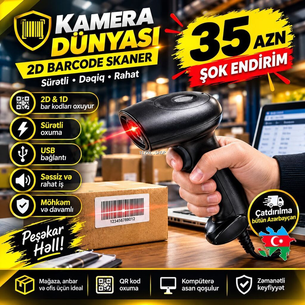 Masaüstü 2D/QR Barkod Oxuyucu – USB Plug & Play; - Qoş və işlət