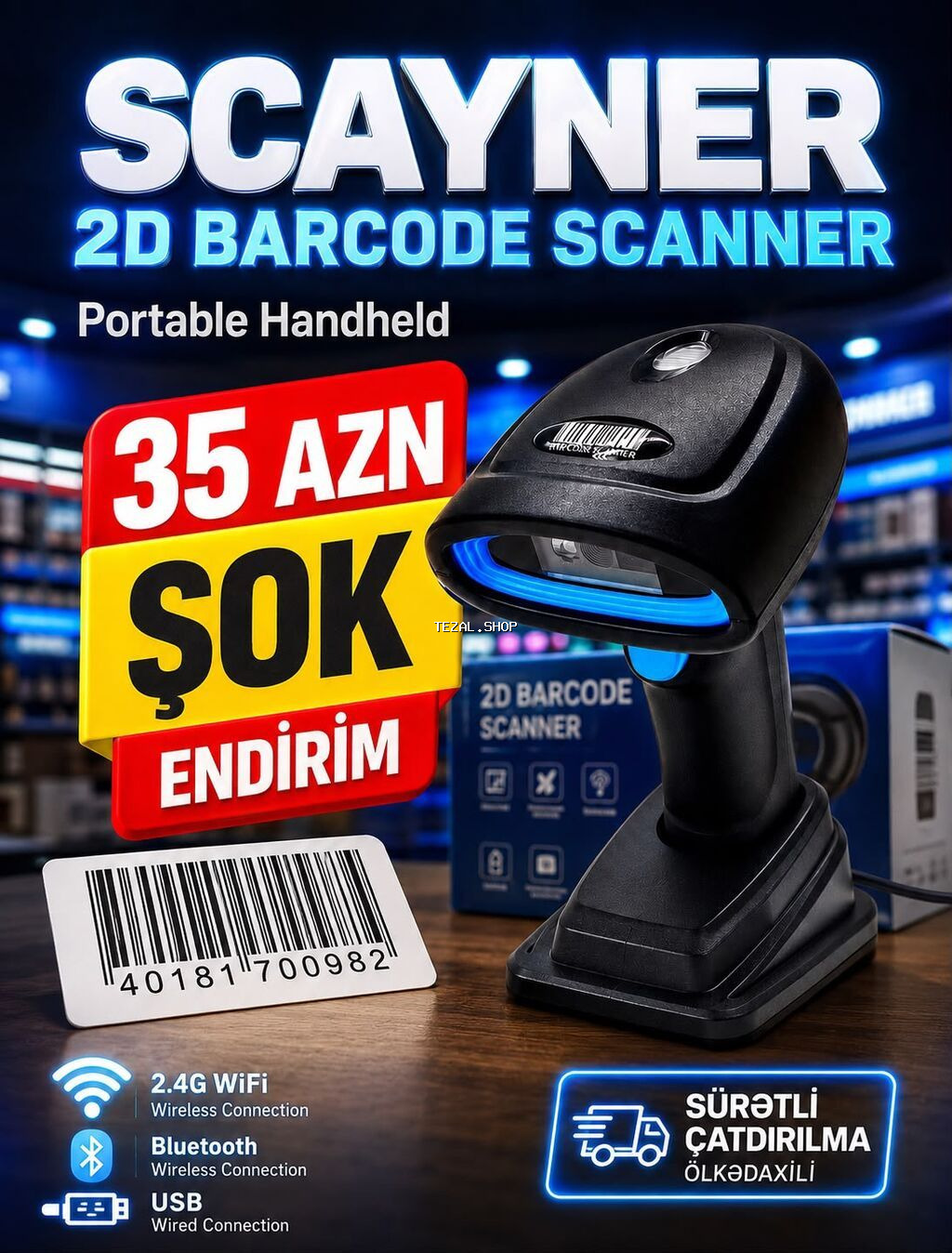 Masaüstü 2D/QR Barkod Oxuyucu – USB Plug & Play; - Qoş və işlət - şəkil 2