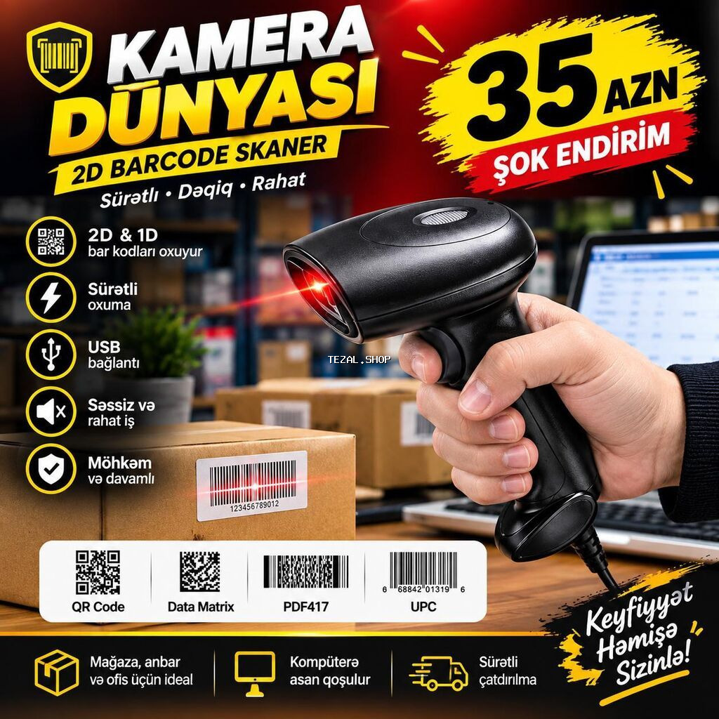 Məhsul: USB barkod/QR kod skaneri – əl tipli, portativ Xüsusiyyətlər