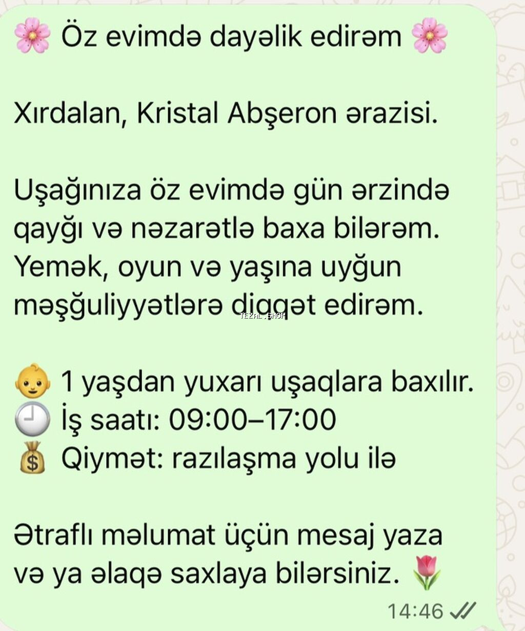 Xırdalan, Kristal Abşeron ərazisində evimdə dayə xidməti. - Gündəlik