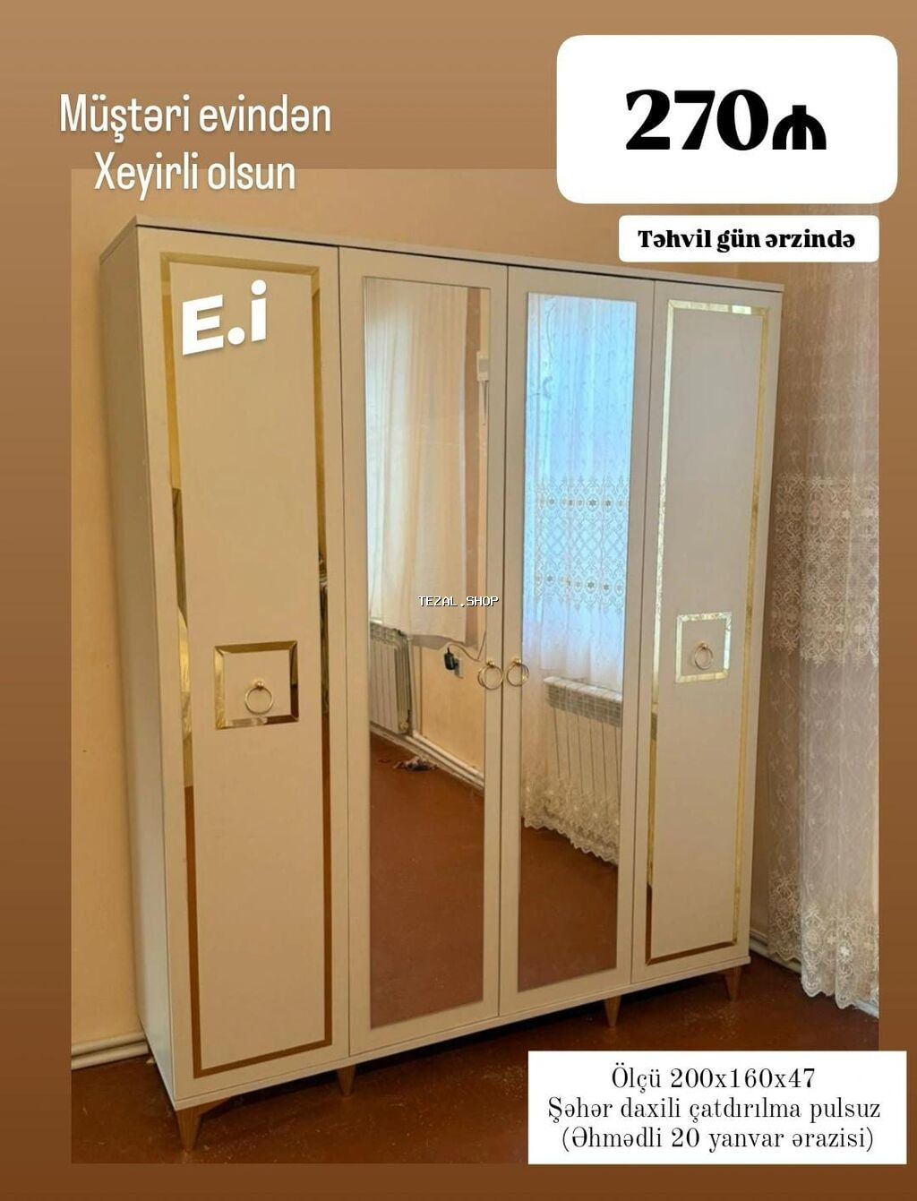 Yeni, 4 qapılı, Güzgülü, Ağ, Açılan, Düz dolab