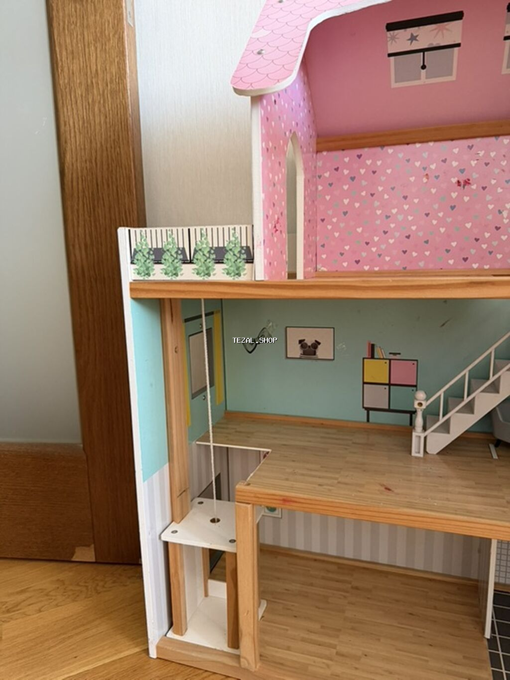 Taxta kukla evi – 3 mərtəbəli, geniş planlı - Material: möhkəm taxta - şəkil 2