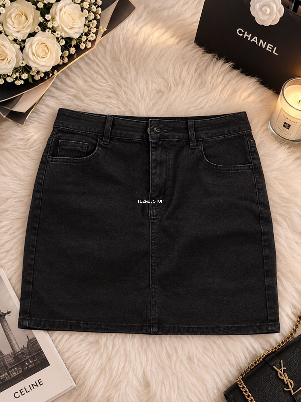 Qadın geyim dəsti – 4 parçalı 1) Qara denim ətək - Klassik beş ciblə
