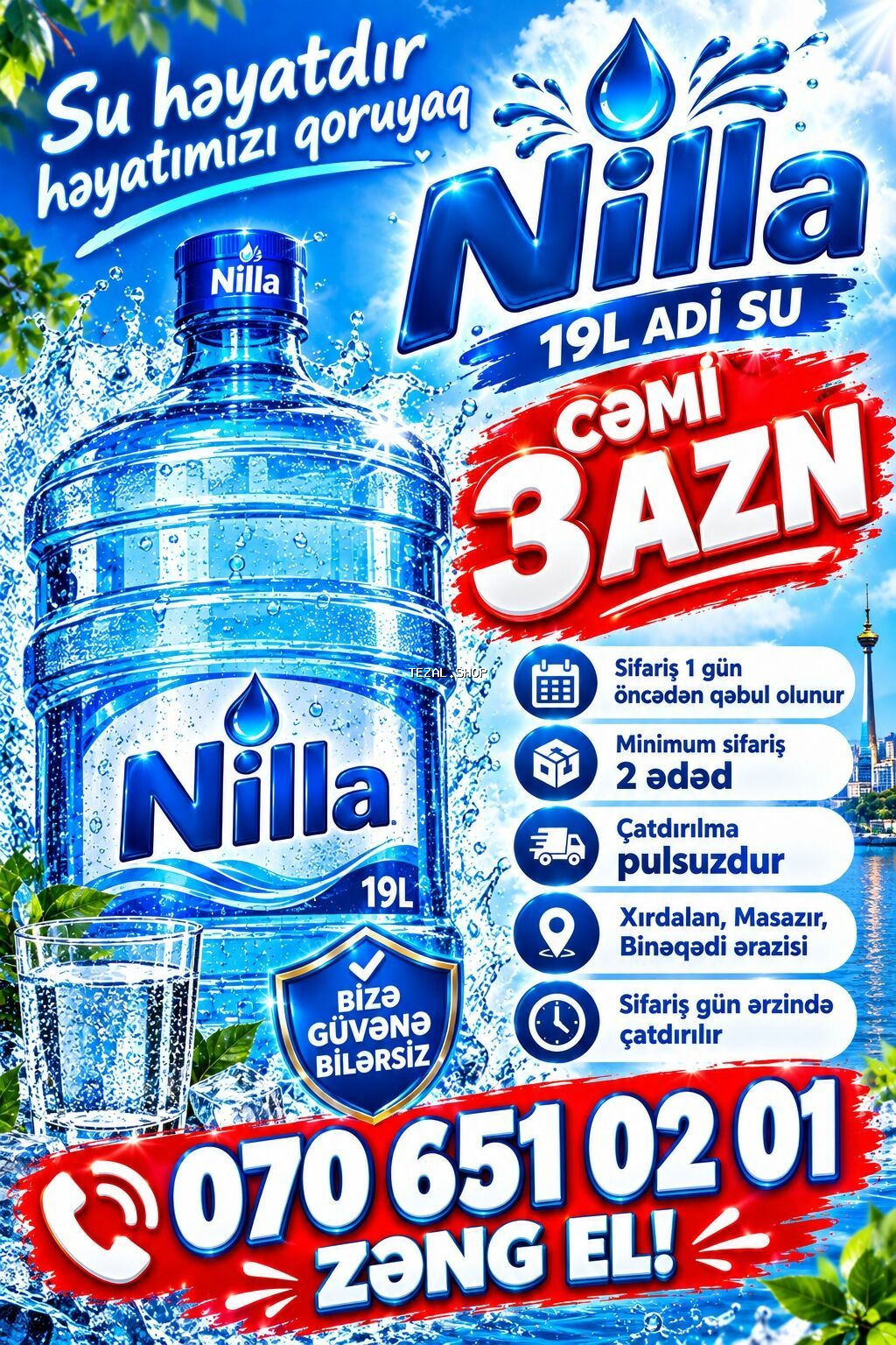 Nilla – 19 litrlik içməli su - Həcm: 19L adi su - Qiymət: cəmi 3 AZN