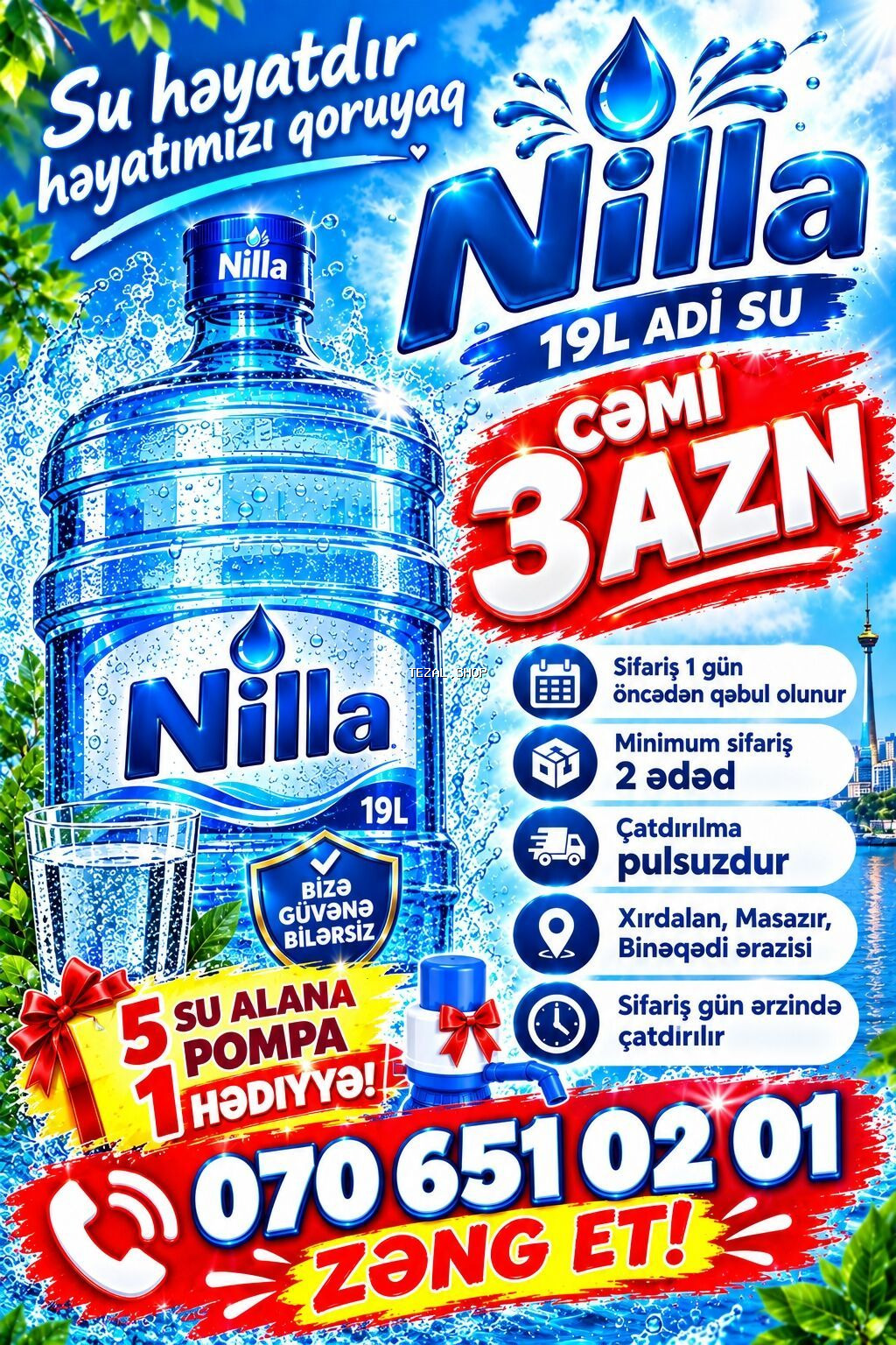 Nilla – 19 litrlik adi içməli su - Həcmi: 19 L - Marka: Nilla - Şüar
